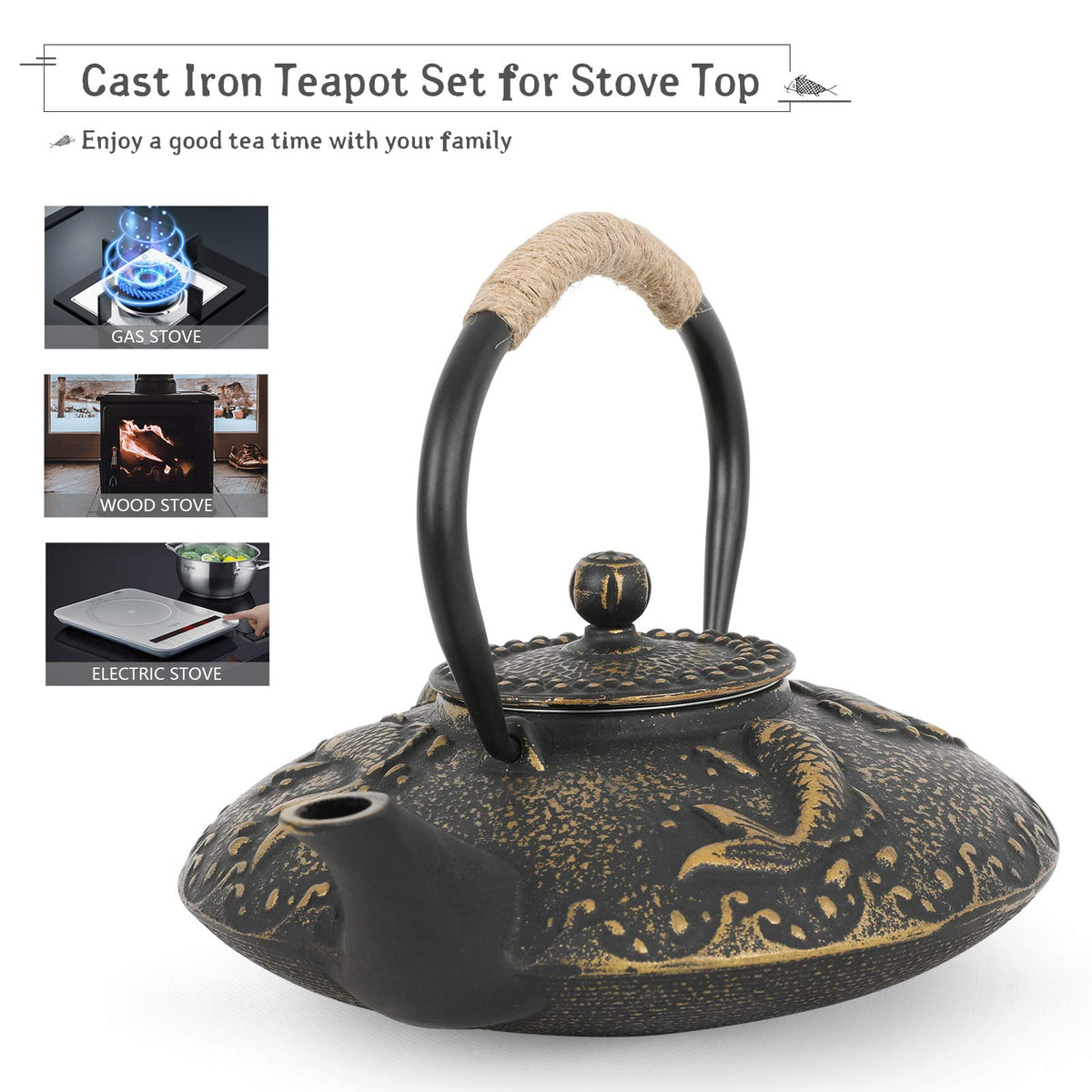 Ufine Koi Fish Cast Iron Teapot Set Stove Top 26 oz Tea Kettle with 4 Cups