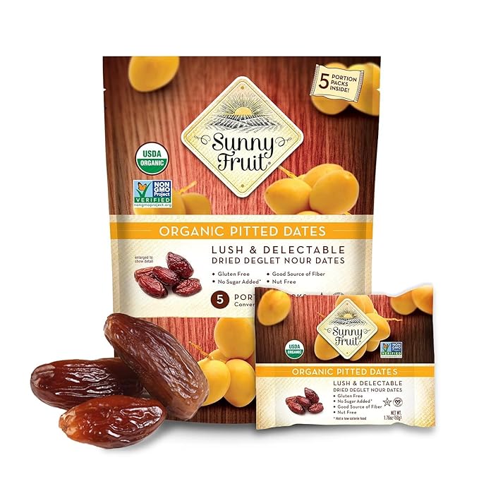 Sunny Fruit Organic Dried Pitted Deglet Nour Dates - 6 Bags (30 Individual Portion Packs) | No