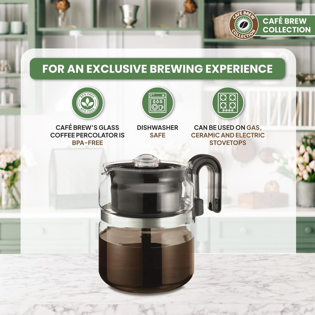Café Brew Glass Coffee Percolator, Stovetop, 8 Cup, BPA-Free