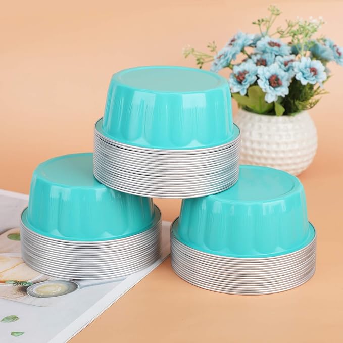 Beasea 8 oz 50 Pack Disposable Ramekins with Lids, Aluminum Cups for Baking Elegant Blue Aluminum