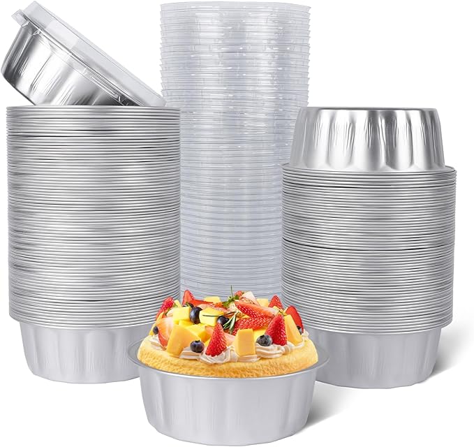 Beasea Ramekins 8 oz with Lids Disposable, 120 Pack 8 oz 4 Inch Mini Silver Aluminum Foil Creme