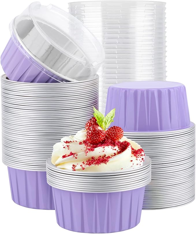 EUSOAR Disposable Ramekins with Lids, 5oz 100pcs Muffin Liners Cups with Lids, Creme Brulee Foil