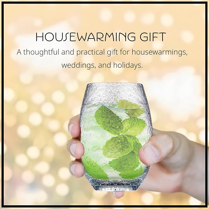 Artland Stemless Wine Glass, Set of 4 | Iris Seeded Design, Clear | Drinking Glass for Parties and