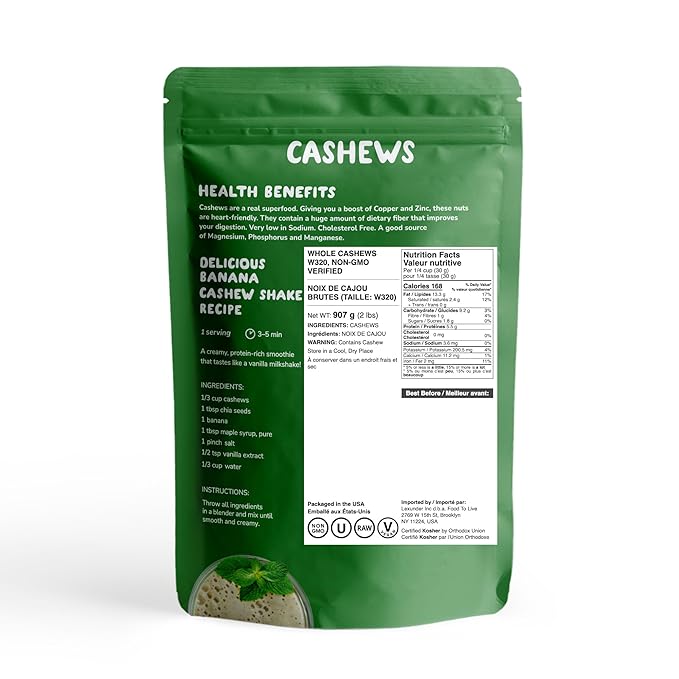 Food to Live - Raw Cashews, 2 Pounds Deluxe Whole Nuts, Unsalted, Unroasted Fancy Snack, Size