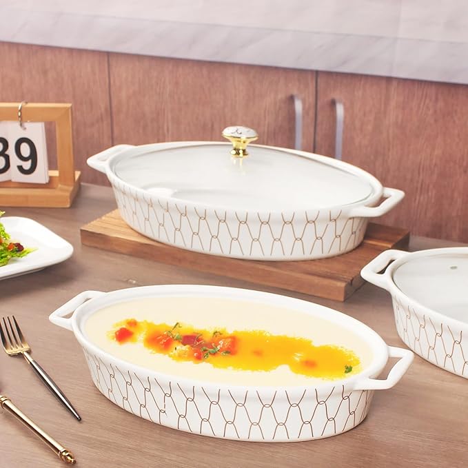 10" x 7" Ceramic Oval Casserole Dish with Glass Lid, 30 Ounce Serving Soup Tureen,Chafing Dish for