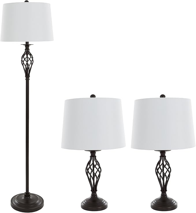 Lavish Home Table and Floor Lamps – Set of 3 Spiral Cage Design Lights for Living Room, Bedroom, or