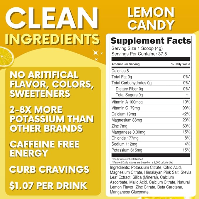Zero Sugar - Lemon Candy Electrolytes Powder - Refreshing Hydration - Caffeine Free Energy with All
