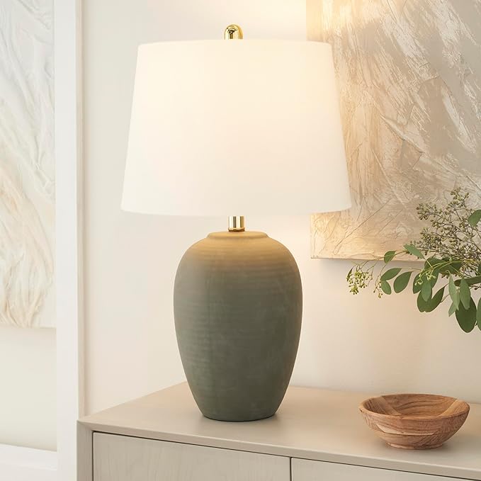 Nourison Home 23" Olive Green Ceramic Pot Table Lamp for Bedroom, Living Room, Dining Office, with