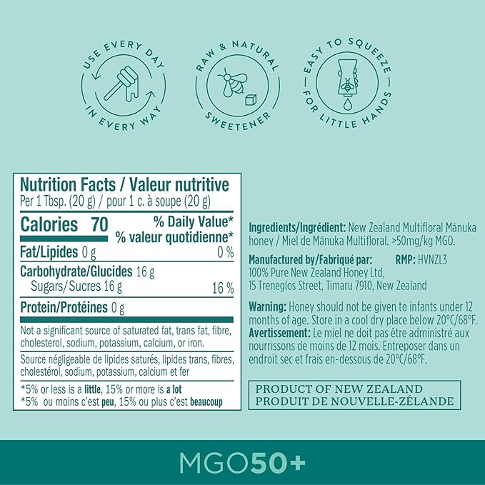 Manuka Honey New Zealand - MGO 50+ Multifloral 100% Pure New Zealand Mānuka Squeezy Honey, Raw
