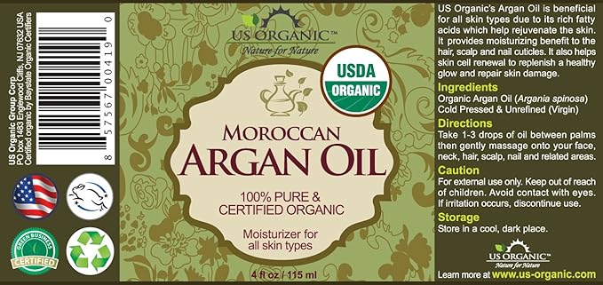 US Organic Moroccan Argan Oil, Cold-Pressed Virgin, USDA Certified, 100% Pure, Unrefined, for Hair