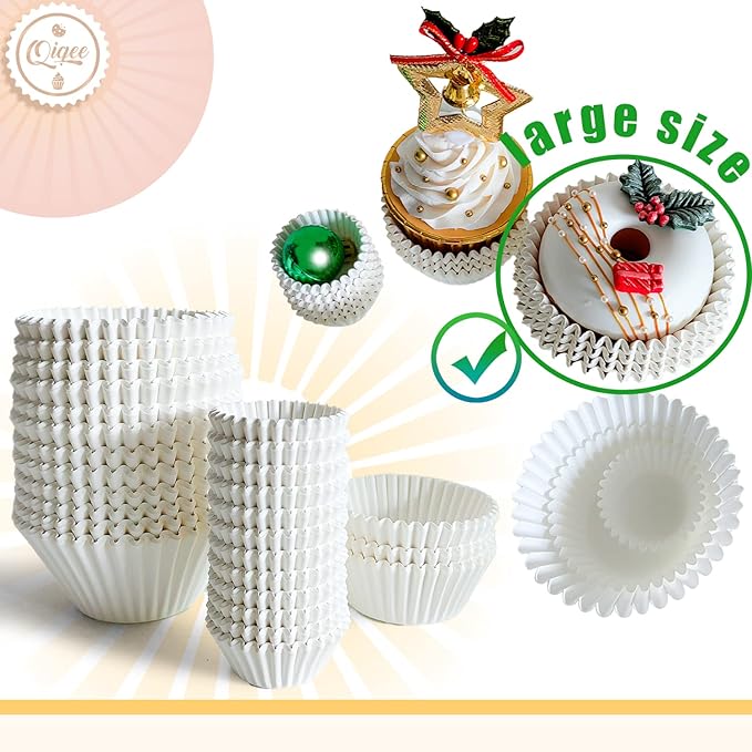 qiqee 300 Count Jumbo Cupcake Liners White Muffin Liners Food Grade Baking Cups Paper No