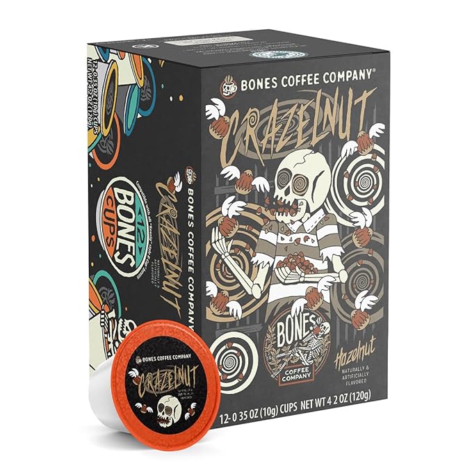 Bones Coffee Company Crazelnut, Hazelnut Flavored Coffee Pods, Low Acid Medium Roast Single-Serve