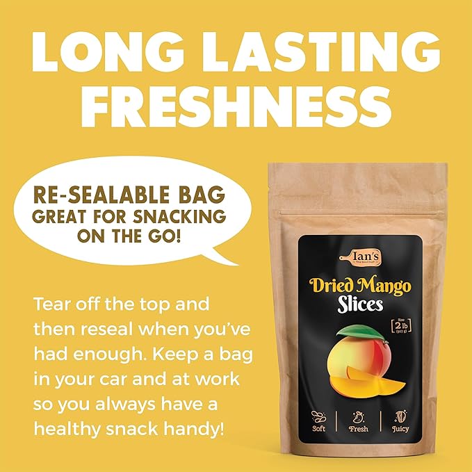 IAN's Premium Dried Mango Slices (2lbs) - Dry Mango Chunks - Healthy Dried Fruit Snacks for Adults