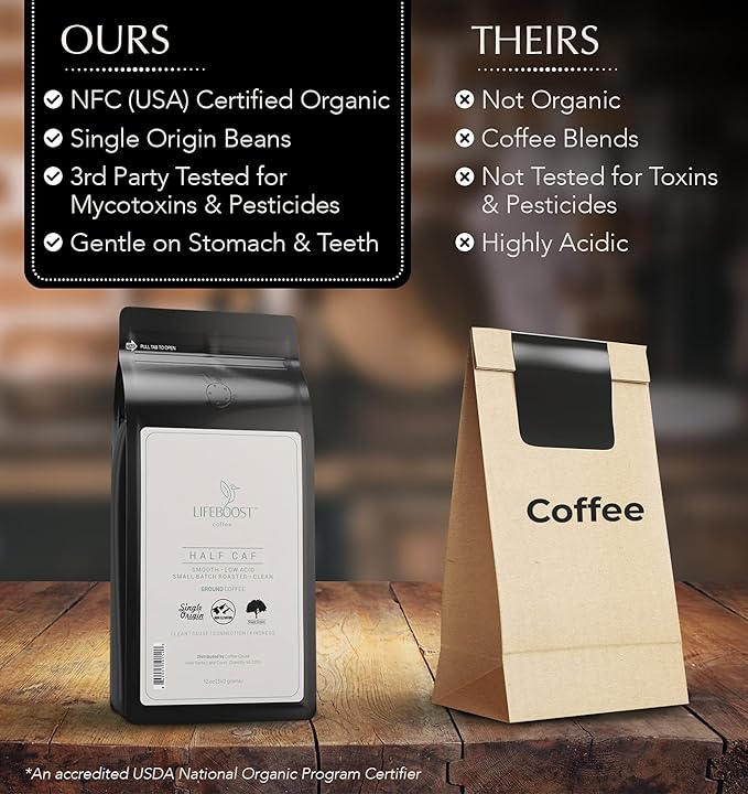 Lifeboost Coffee Half Caff Ground Coffee - Low Acid Single Origin USDA Organic Coffee - Non-GMO