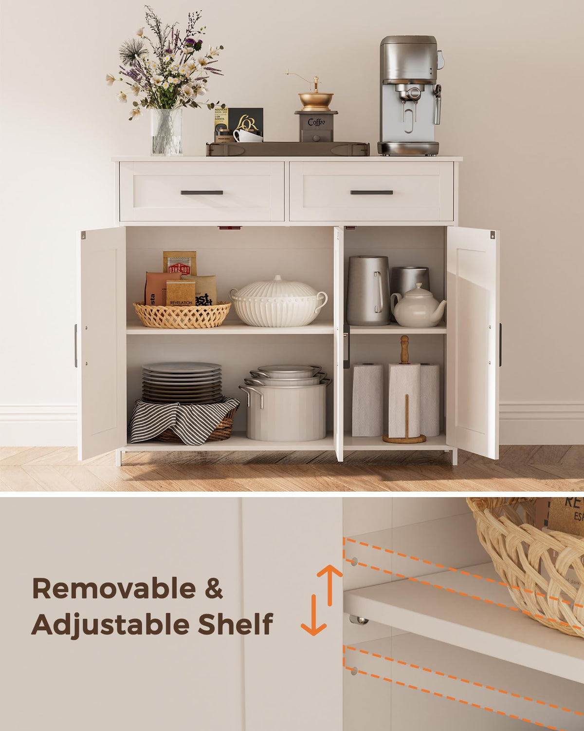 Homhedy Coffee Bar Storage Cabinet with Drawers, Kitchen Buffet Cabinet