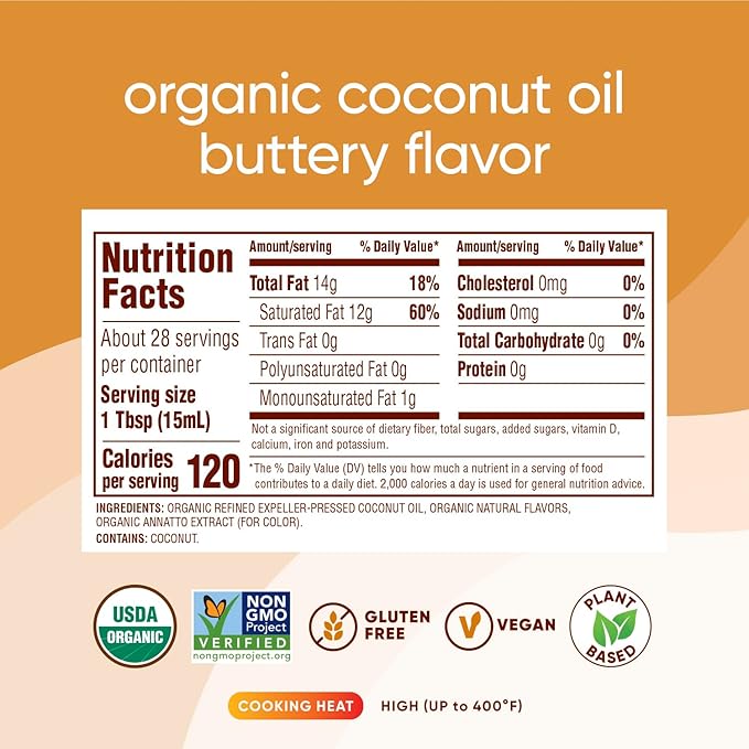 Nutiva Organic Butter Flavored Coconut Oil for Popcorn, Cooking and Baking. 29 Fl Oz - USDA Organic