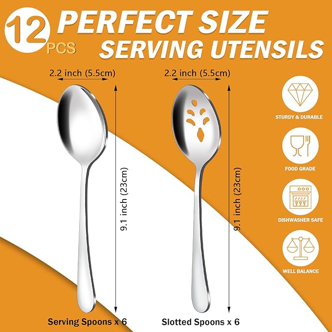 BEWOS 12-Piece Serving Spoons Set, 6 Serving Spoon and 6 Slotted Spoons, 9.1-Inch Utensils Set for