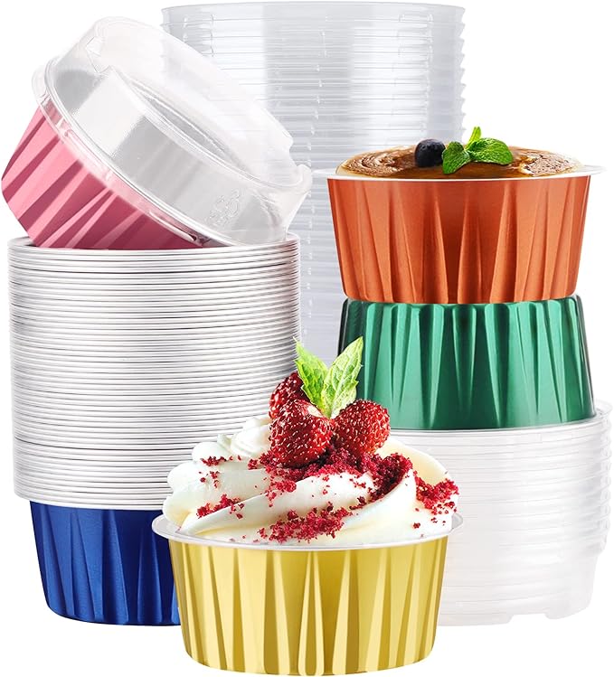 EUSOAR Assorted Colors Cupcake Liners, 5oz 125ml Muffin Liners with Lids Pack of 50, Creme Brulee