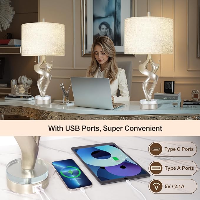 Scenekoy Sculptural Resin Table Lamp Set of 2 with USB Ports for Bedroom Living Room, 26” Antique