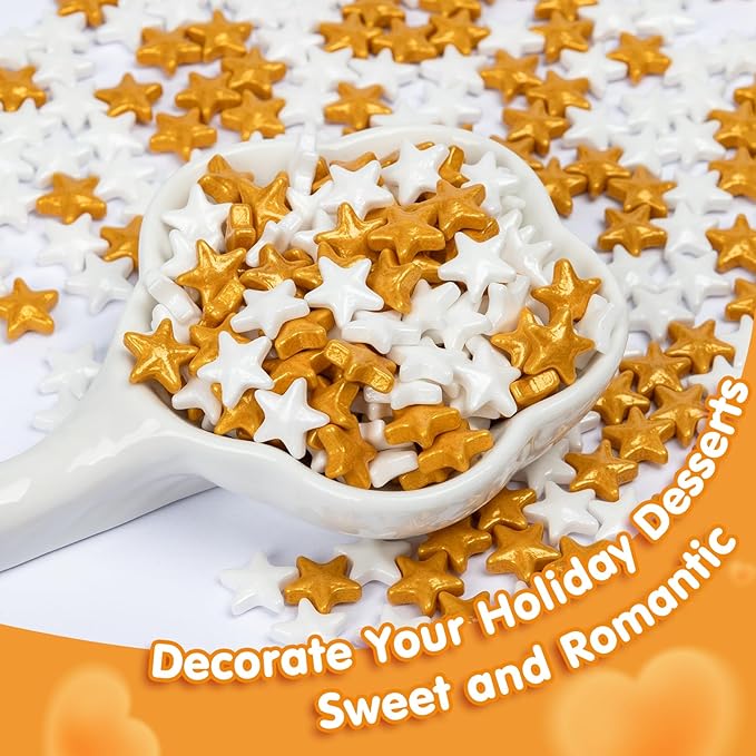 Edible Star Sugar Sprinkles, Gold and White Mix Size,Candy Star Sprinkle for Cake Decorations and