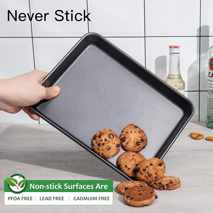 HONGBAKE 2 Pack 9.7X7.5" Toaster Oven Pans for Baking, 57% Thicker Nonstick 1/8 Cookie Sheet Pan