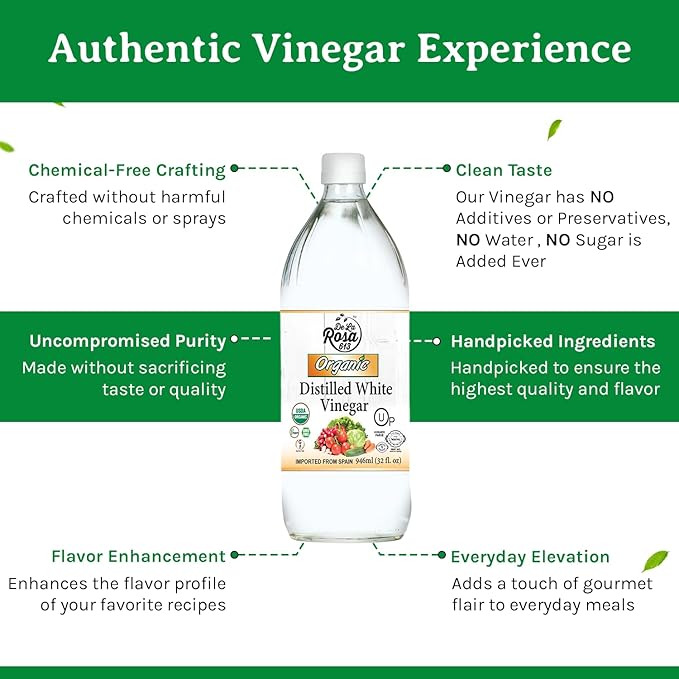 De La Rosa Organic Distilled White Vinegar, Raw & Unfiltered, Kosher for Passover, Vegan & Gluten