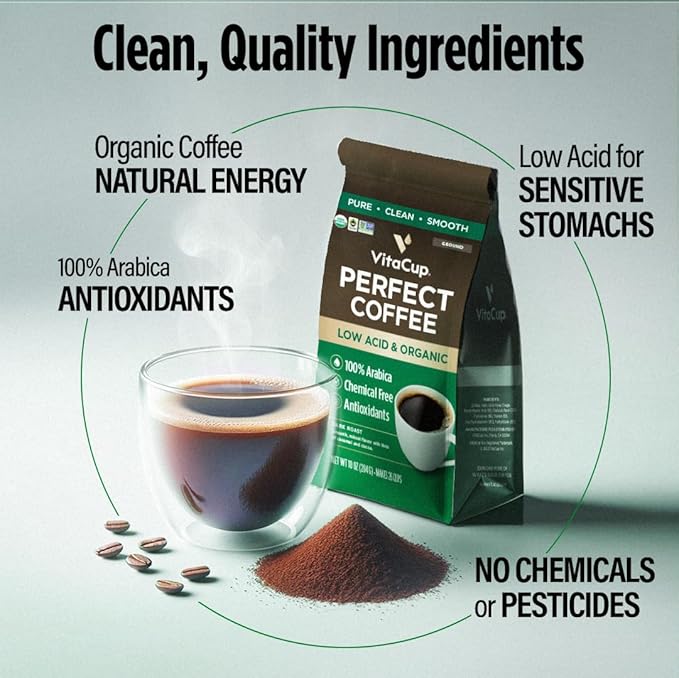 VitaCup Perfect Low Acid Coffee Beans, USDA Organic & Fair Trade, Mycotoxin Free, Dark Roast