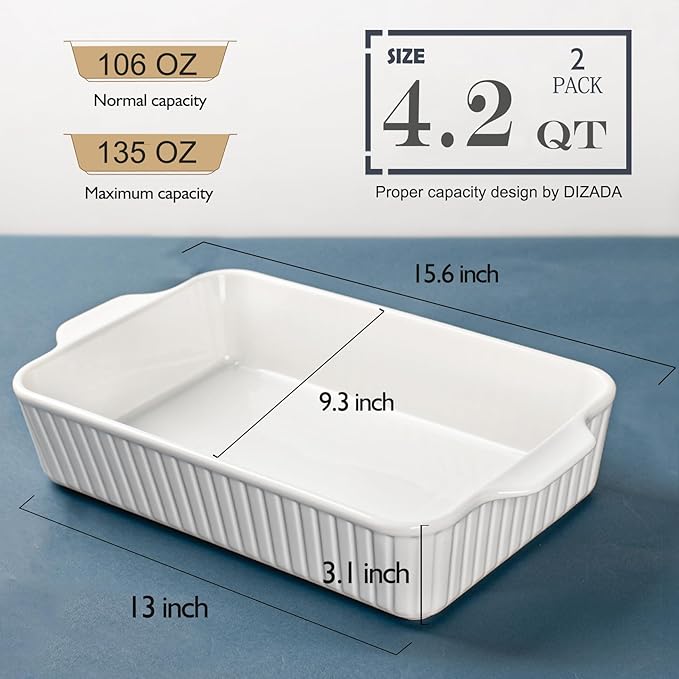 Casserole Dishes for Oven 9x13,2 Pack Ceramic Baking Dish Large & Deep,4.2 QT Casserole Dish Set