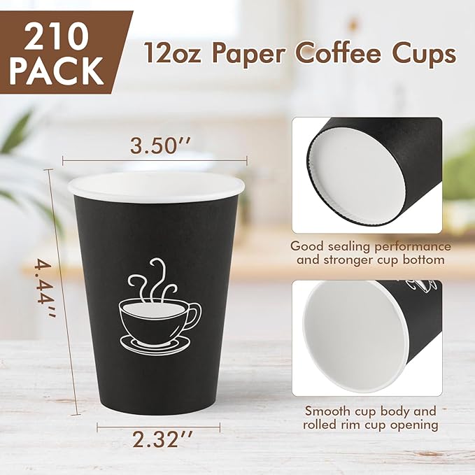 12 oz 210 Pack Paper Coffee Cups, Disposable Black Paper Cups for Hot Drinking, Water, Tea, Used