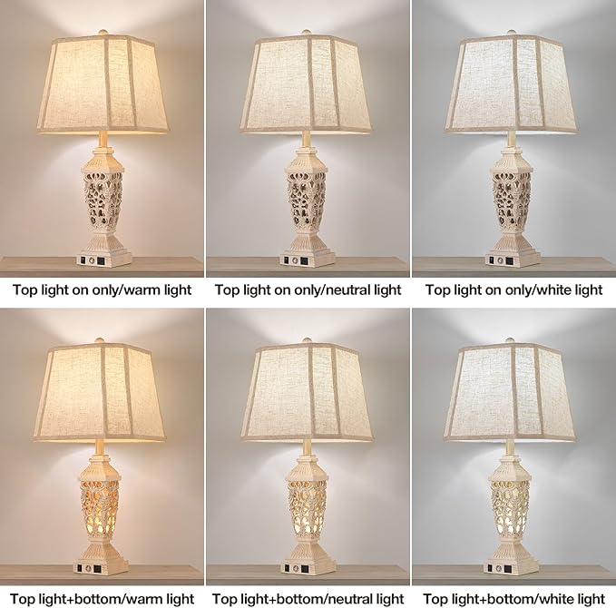 AIDENOEY Farmhouses Table Lamp with USB & USB-C Charging Ports, 3-Color Dimmable & Stepless Bottom
