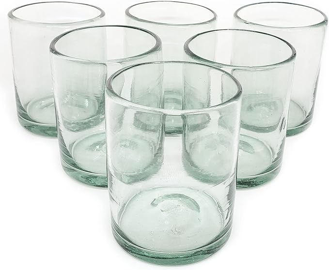 Clear 10 oz Tumblers (set of 6), Hand Blown Mexican Glassware, Recycled Glass Drinking Glasses