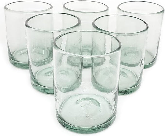 Clear 10 oz Tumblers (set of 6), Hand Blown Mexican Glassware, Recycled Glass Drinking Glasses