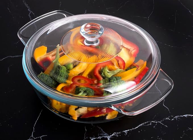 Clear Round Glass Casserole with Lid, Baking Dish with Glass Cover, Glass Casserole for Oven