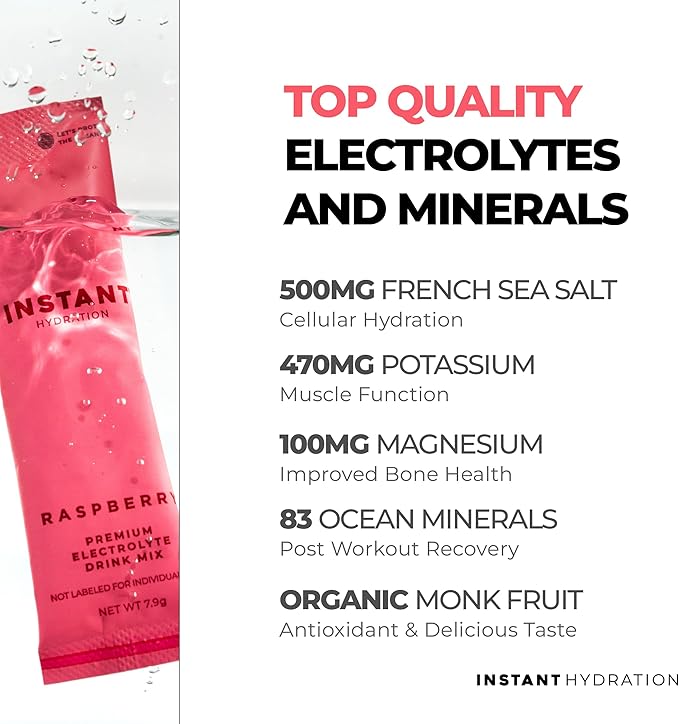 Instant Hydration Electrolytes Powder Packets - Raspberry Electrolyte Drink Mix - Zero Sugar