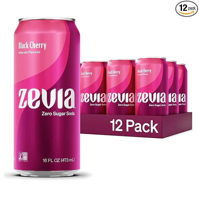 Zevia Zero Sugar Soda, Black Cherry, 16 oz Cans (12-Pack) ??Naturally Sweetened, Non-GMO Project