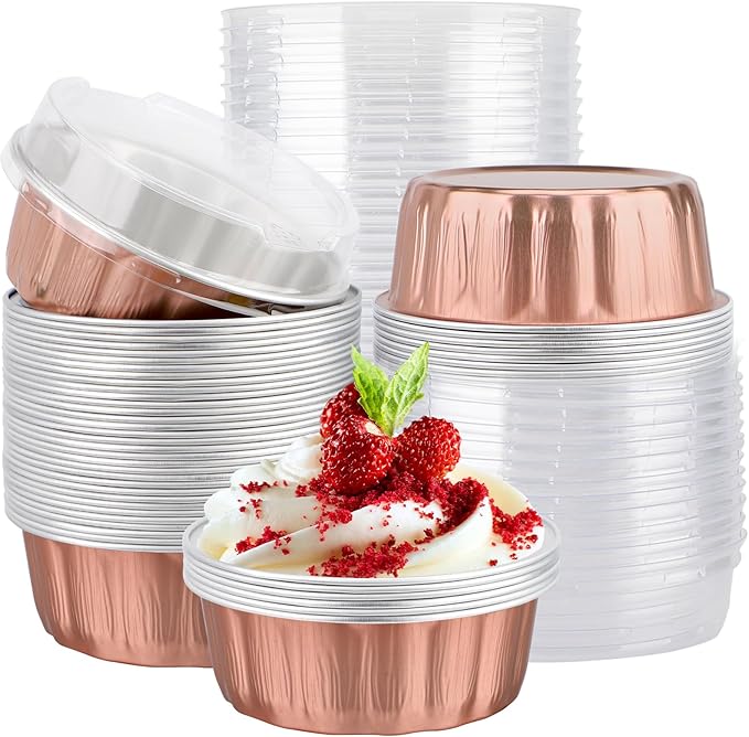 EUSOAR Cake Transport Container, 50pcs 9oz Rose Gold Foil Ramekins Disposable Oven Safe, Dessert