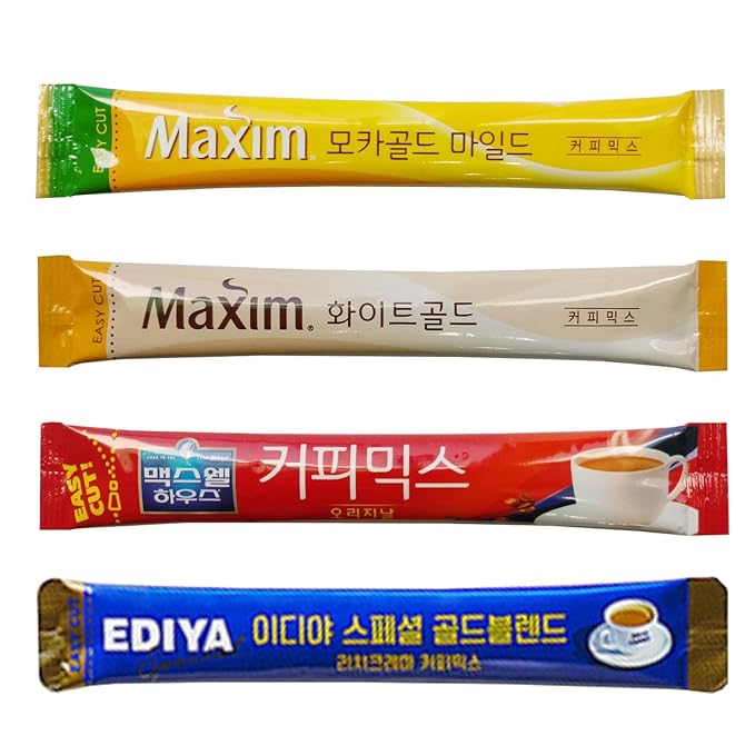 Korean 3 in 1 Instant Coffee Mix Variety Sample Packets-16 Sticks of 4 Different Flavors.Camping or