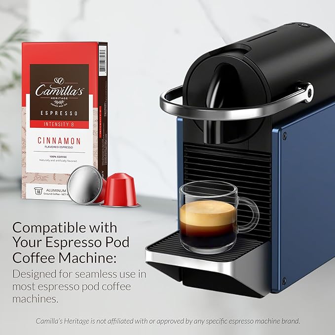 Camilla’s Heritage - Intensity 8 Cinnamon Flavored Espresso Coffee, Gourmet Espresso Cups, 60