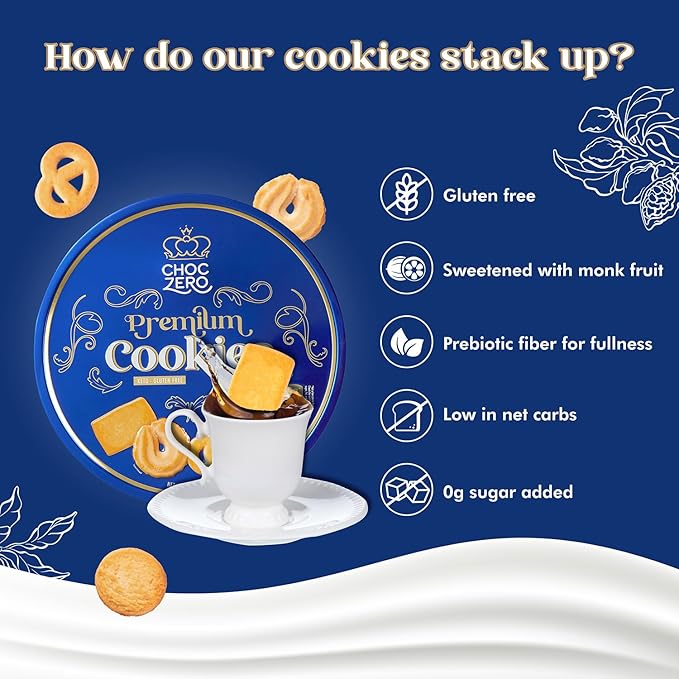 ChocZero Keto Butter Cookies - Sugar Free Danish Shortbread Gift - Gluten Free, Low Carb (1 tin, 12
