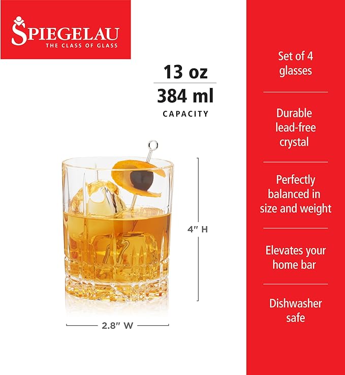 Spiegelau Perfect Serve Double Old Fashioned Glasses Set of 4 - Lowball Cocktail Glasses
