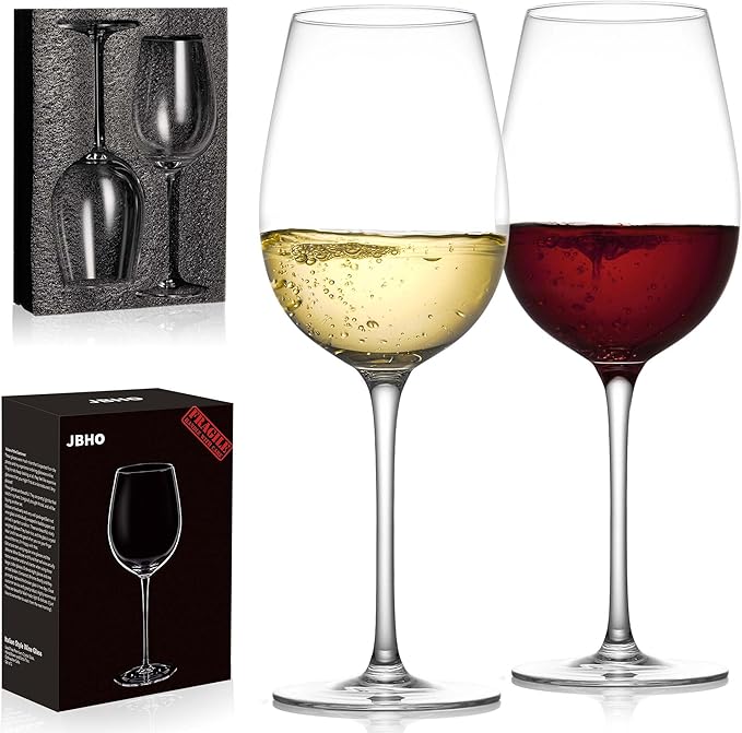 JBHO Crystal Wine Glasses - Hand Blown Red or White Wine Glasses -18 Ounce - Set of 2 - Lead-Free