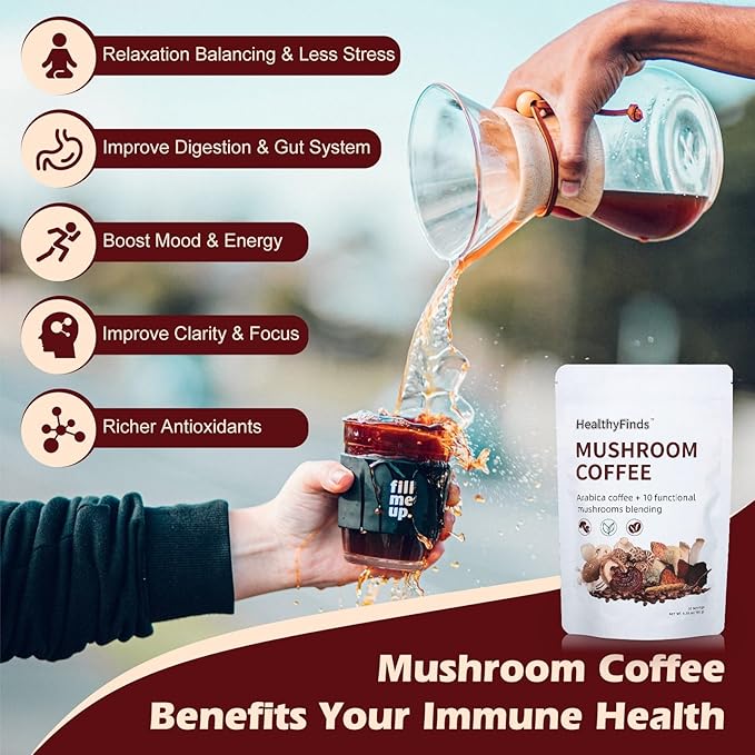 HealthyFinds Organic Mushroom Coffee Instant with 10 Superfood Mushrooms for Better Focus, Energy