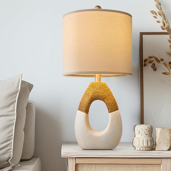OYEARS 19” Boho Table Lamps Bedroom Living Room,Suitable for Small Space,Farmhouse Rattan Lamp