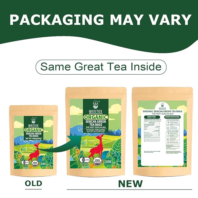 WT WEETEE Organic Sencha Green Tea Bags, Organic Steamed Green Tea 100 Count, Natural Caffeine &
