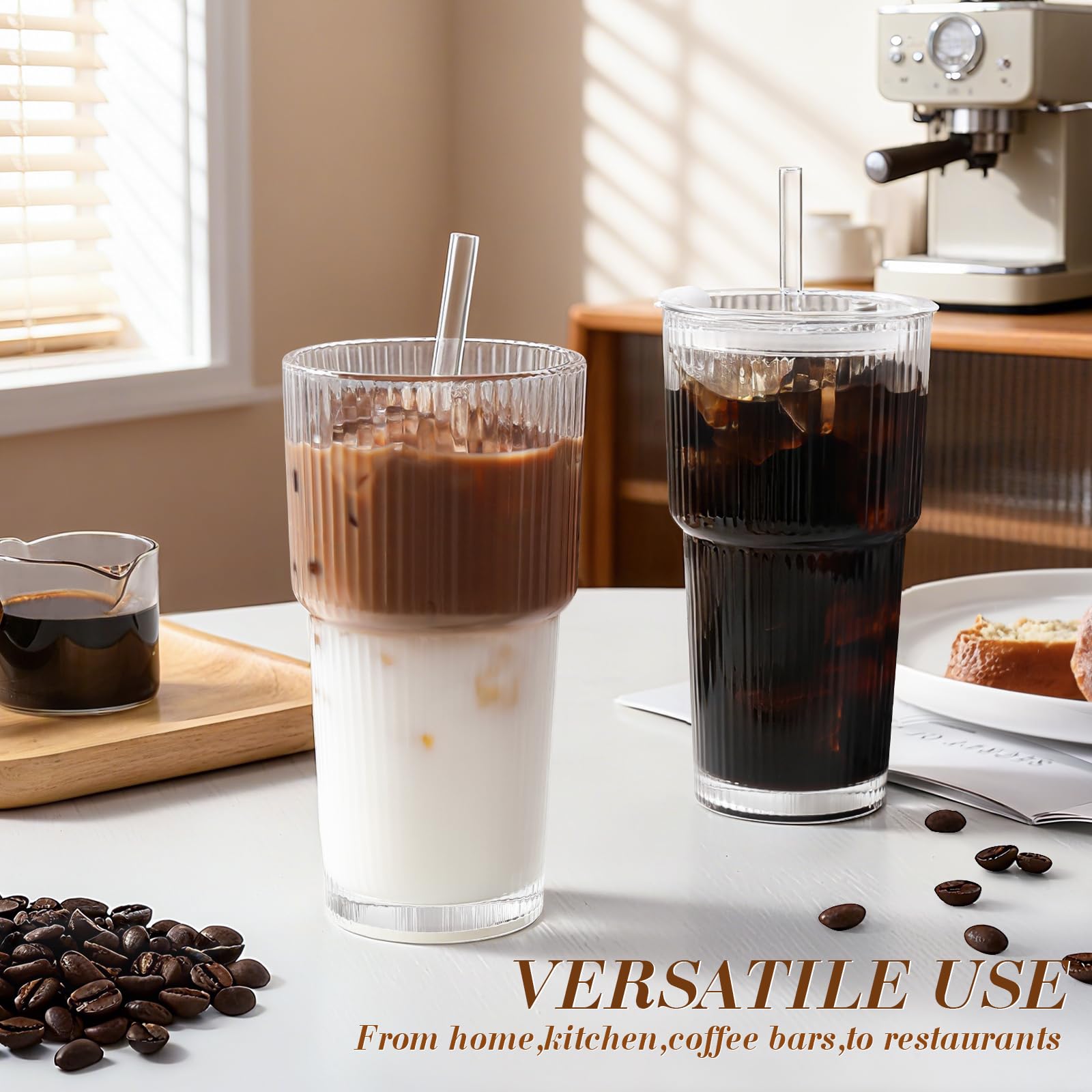 Iced Coffee Cups with Lids: Coffee Bar Accessories - Ribbed Glass Tumbler with Straw and Lid 4Pcs