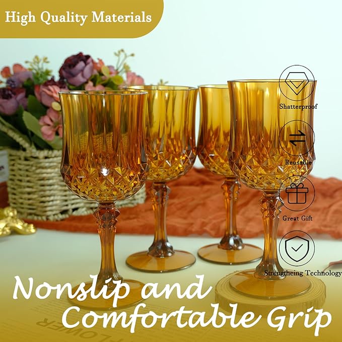 Plastic Wine Glasses，Plastic Goblets Vintage Style Cordial Drinking Glasses for Wedding Reception