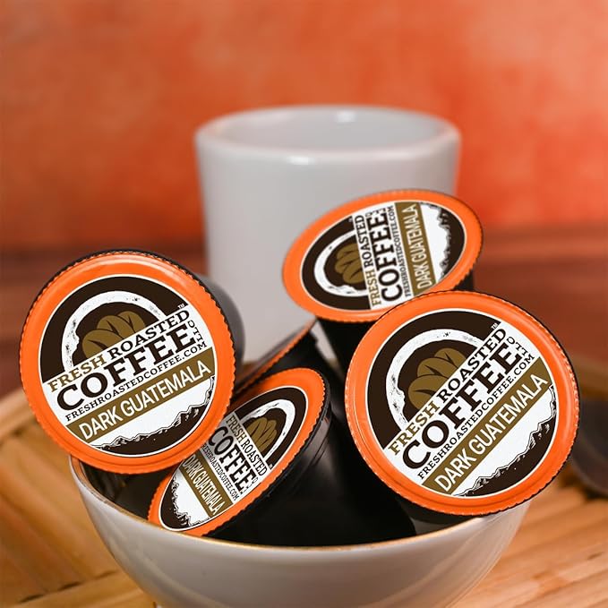 Fresh Roasted Coffee, Dark Guatemala Huehuetenango, Dark Roast, 72 Pods for K Cup Brewers