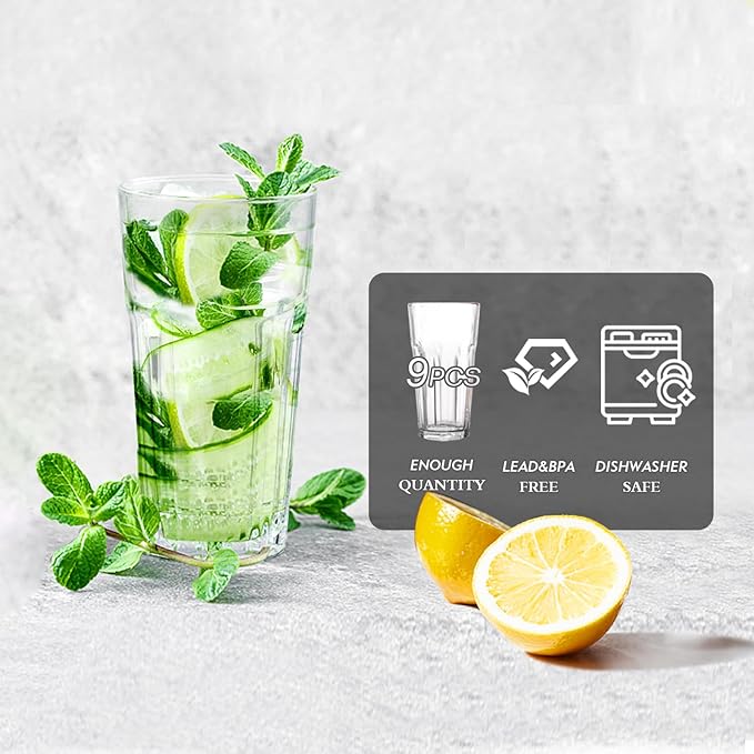 Etolies Highball Drinking Glasses Set of 9, Water Glasses 16 oz,Iced Tea Glasses for Water, Juice