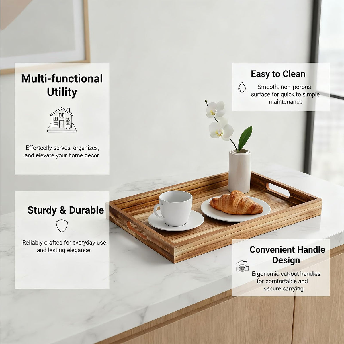 Krismax Wooden Serving Tray with Handles, Rustic Brown Rectangular Serving Platter 15.7x11.4 Inch