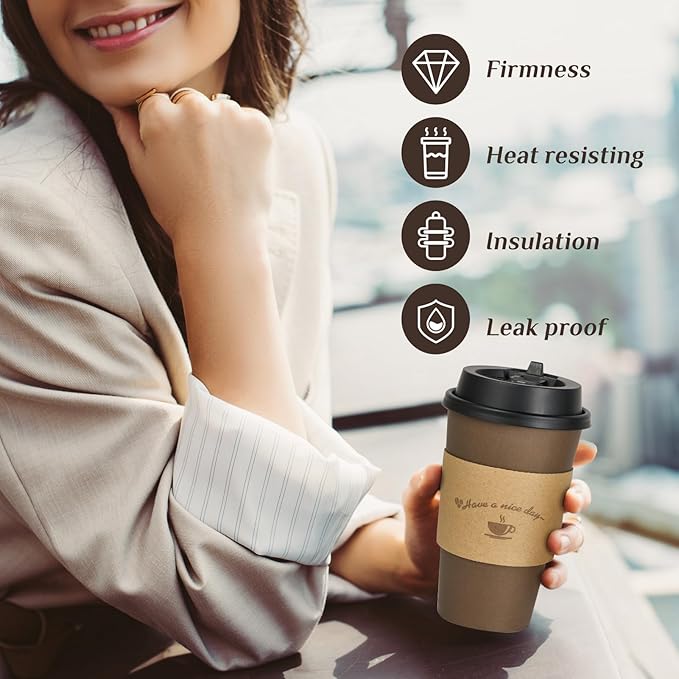 LITOPAK 100 Pack 16 oz Paper Coffee Cups, Brown Disposable Coffee Cups with Lids, Sleeves, Sticks